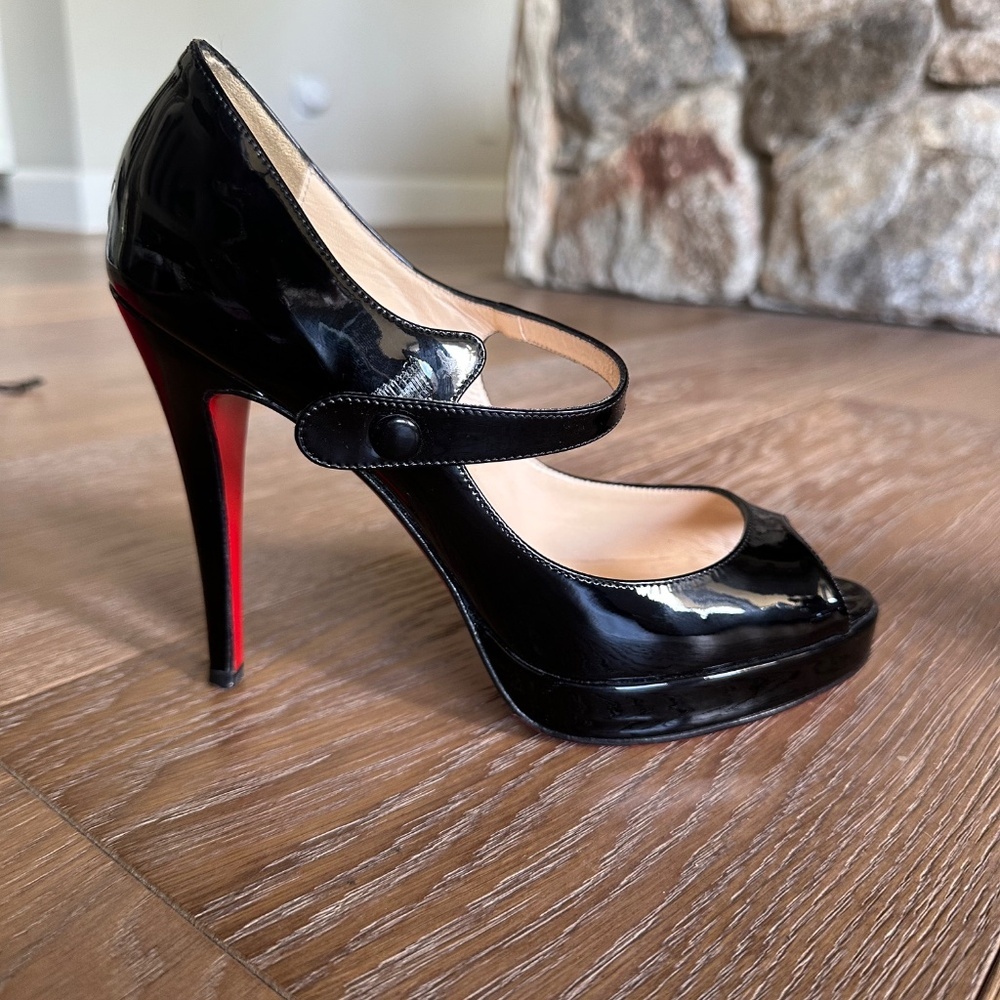 Authentic Christian Louboutin Black Patent Mary Jane Peep Toe Platform Heels - Picture 8 of 16